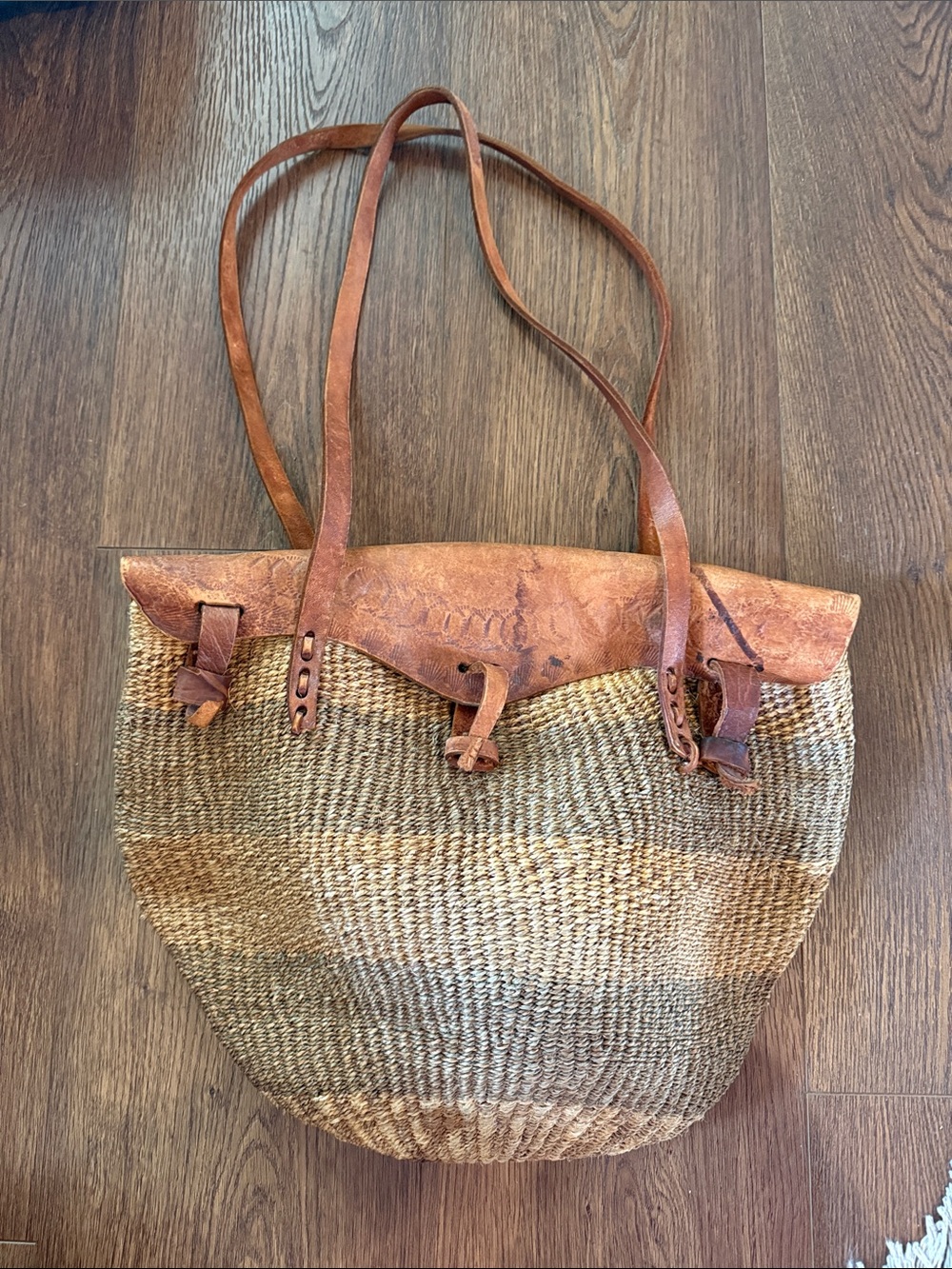 Woven Straw Tote with Brown Leather Trim